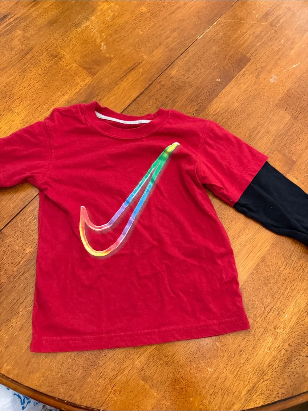 Nike Red Tee with Black Layered Long Sleeves and Multicolor Swoosh